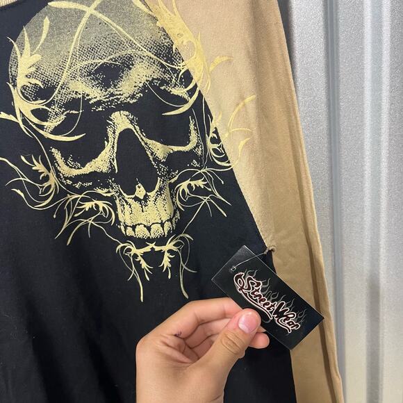 VTG Y2K Grunge Streetwear NWT Long Sleeve Skull Affliction Two Tone Shirt SZ L - Picture 3 of 5